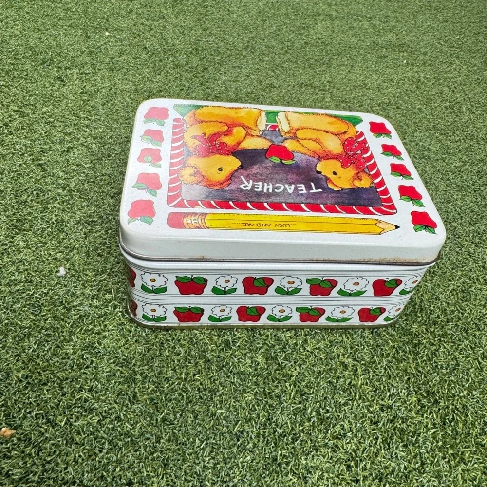 Vintage Enesco Teacher Teddy Bears Tin‎ Box Apple School Decor Storage Case